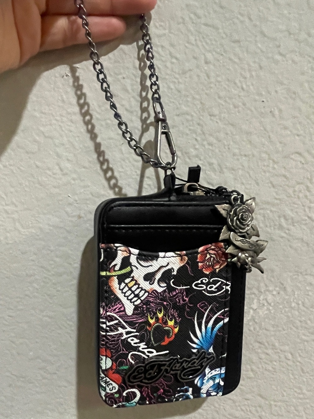 Ed Hardy Black Floral Skull Neck Wallet with Chain